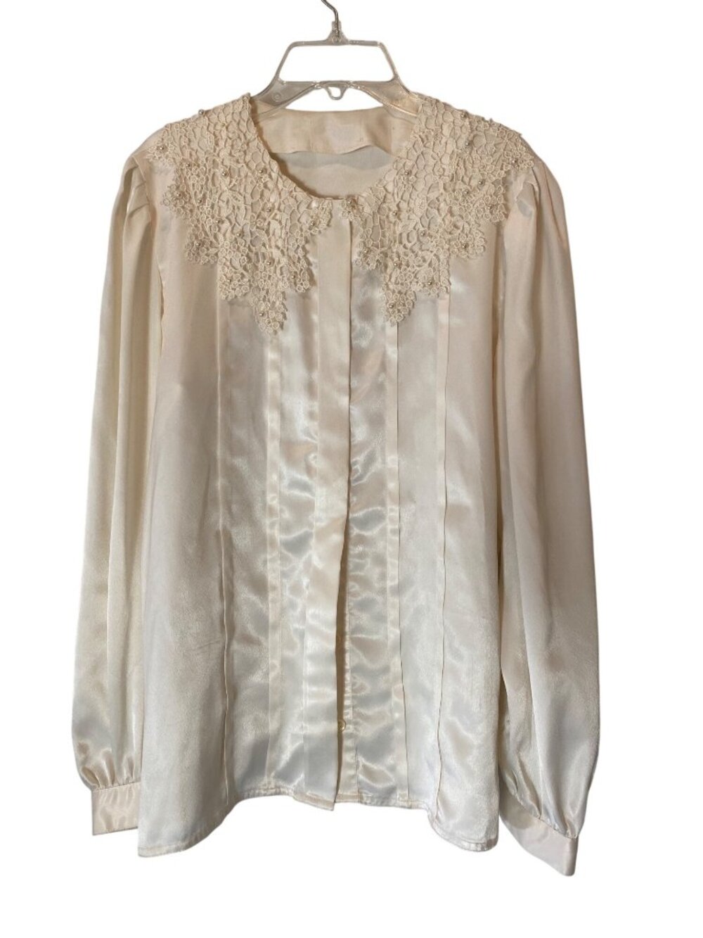 Vintage Cream Satin Blouse Lace Pearl Collar & Button Front Medium